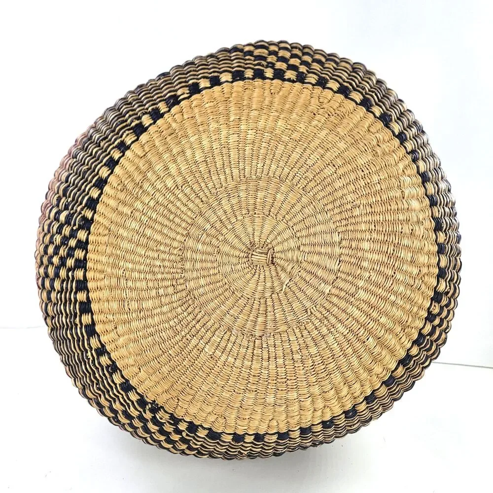 Large‎ Hand Woven Natural African Market Basket Leather Handle 16” Reshapeable
